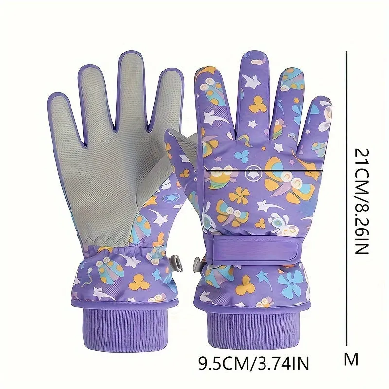 1 Pair Kids Winter Ski Gloves - Windproof, Cotton-Lined, Woven Polyester - Cartoon Design for Boys and Girls - Ideal for Snow Sports - Dry Clean Only - Mixed Colors