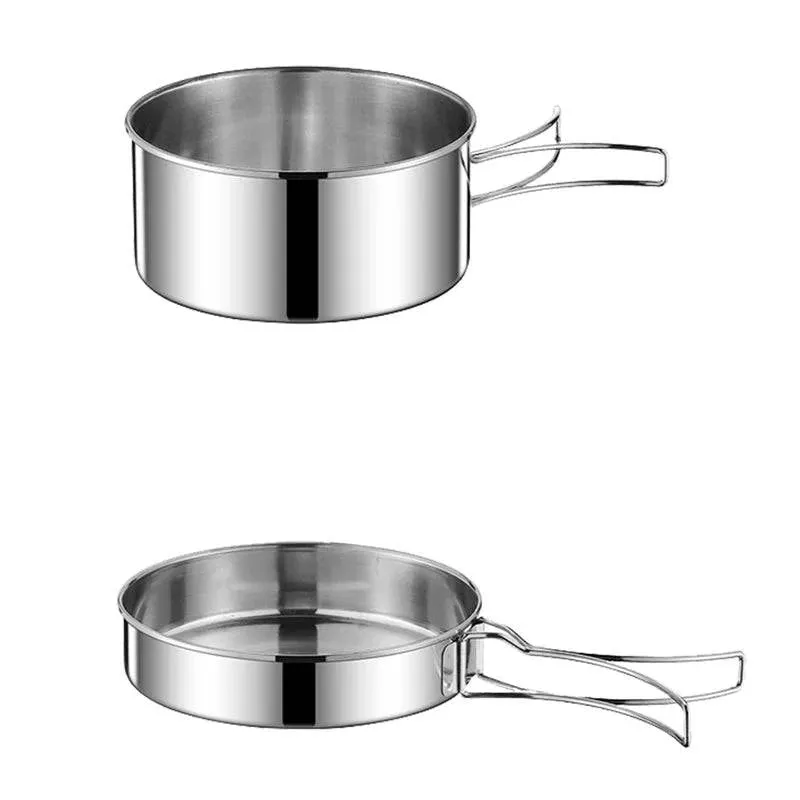 2PCS/SET Cookware Set Stainless Steel Cookware Kit Cooking Pot and Pan Set with Plates Cups for Outdoor Camping Backpacking