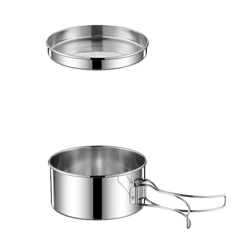 2PCS/SET Cookware Set Stainless Steel Cookware Kit Cooking Pot and Pan Set with Plates Cups for Outdoor Camping Backpacking