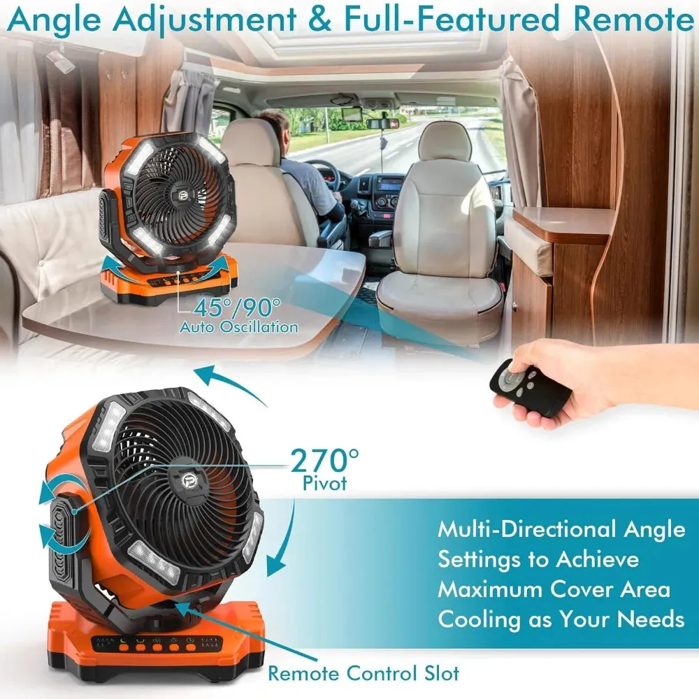 40000mAh Battery Operated Camping Fan, Rechargeable High Velocity Floor Fan, Auto Oscillation Remote Control Timer