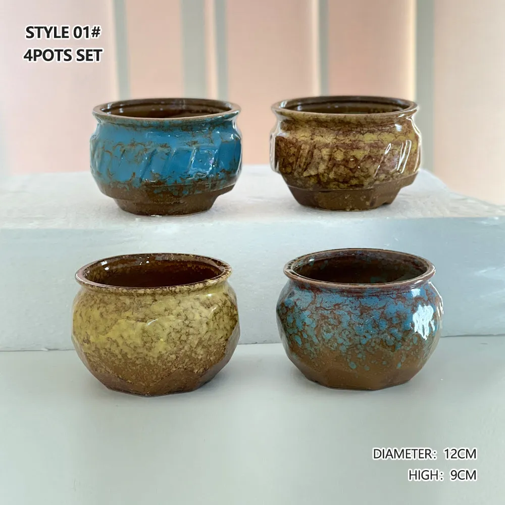 4/5/6 Pots Set Ceramic Clay Pottery Pots | Succulent Flower Planter, Draining Hole (Style 01# 4 Pots Set)
