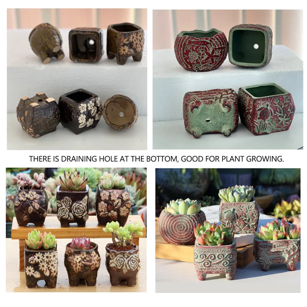 4/5/6 Pots Set Ceramic Clay Pottery Pots | Succulent Flower Planter, Draining Hole (Style 01# 4 Pots Set)