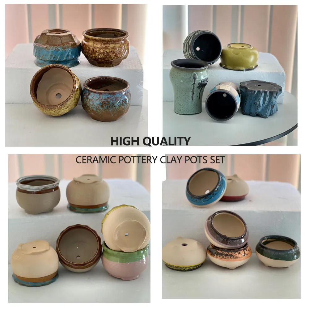 4/5/6 Pots Set Ceramic Clay Pottery Pots | Succulent Flower Planter, Draining Hole (Style 01# 4 Pots Set)