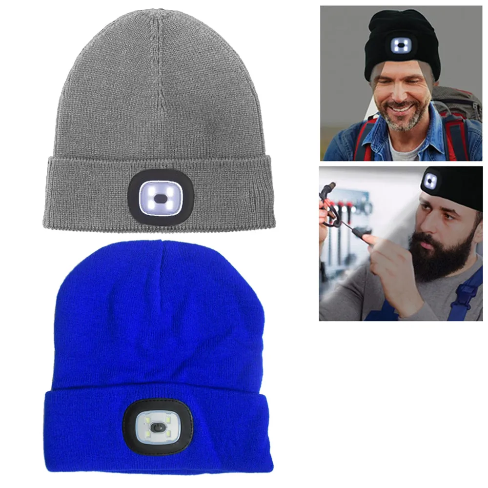 5X Beanie Caps 4 LED Flashlight Hat Hands Free Rechargeable Warm Headlights Camp