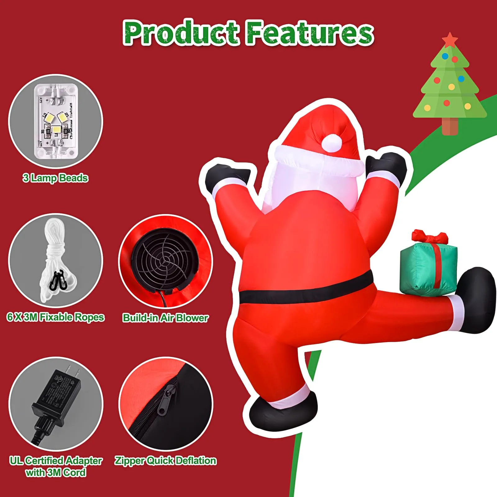 6 FT Christmas Inflatables Outdoor Decorations Climbing Santa Christmas Outdoor Decorations Weatherproof with Gift Box and Built-in LED Light for Xmas Party, Holiday Yard, Balcony, Lawn Decor