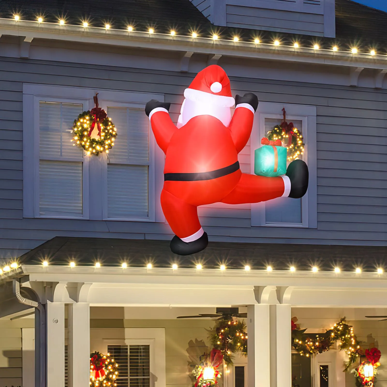 6 FT Christmas Inflatables Outdoor Decorations Climbing Santa Christmas Outdoor Decorations Weatherproof with Gift Box and Built-in LED Light for Xmas Party, Holiday Yard, Balcony, Lawn Decor