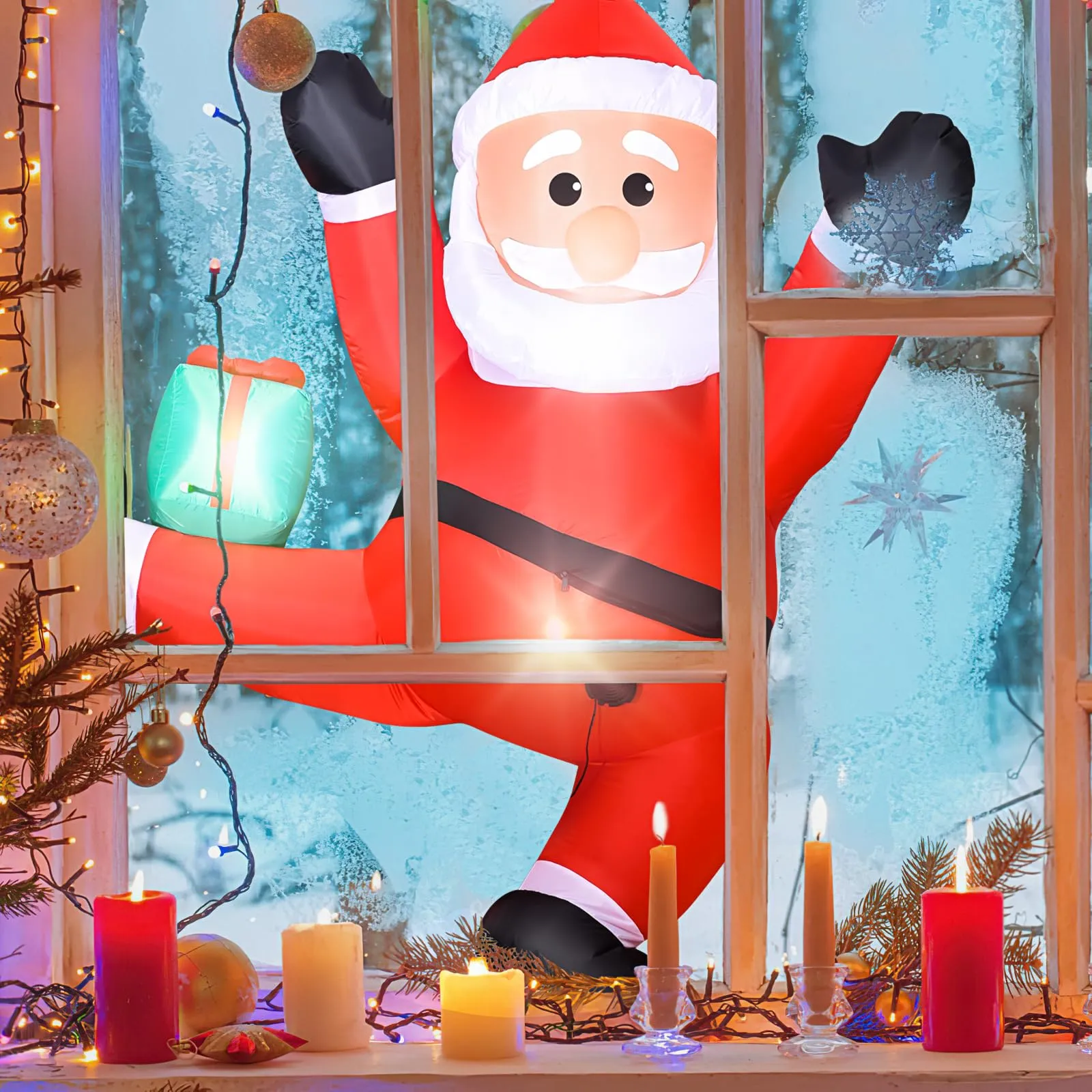 6 FT Christmas Inflatables Outdoor Decorations Climbing Santa Christmas Outdoor Decorations Weatherproof with Gift Box and Built-in LED Light for Xmas Party, Holiday Yard, Balcony, Lawn Decor