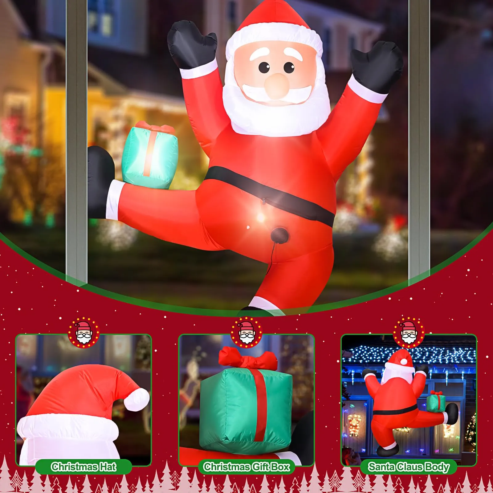 6 FT Christmas Inflatables Outdoor Decorations Climbing Santa Christmas Outdoor Decorations Weatherproof with Gift Box and Built-in LED Light for Xmas Party, Holiday Yard, Balcony, Lawn Decor