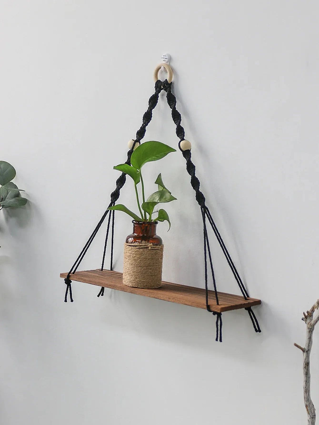 Boho Wood Wall Shelf for Home Decor and Plant Display