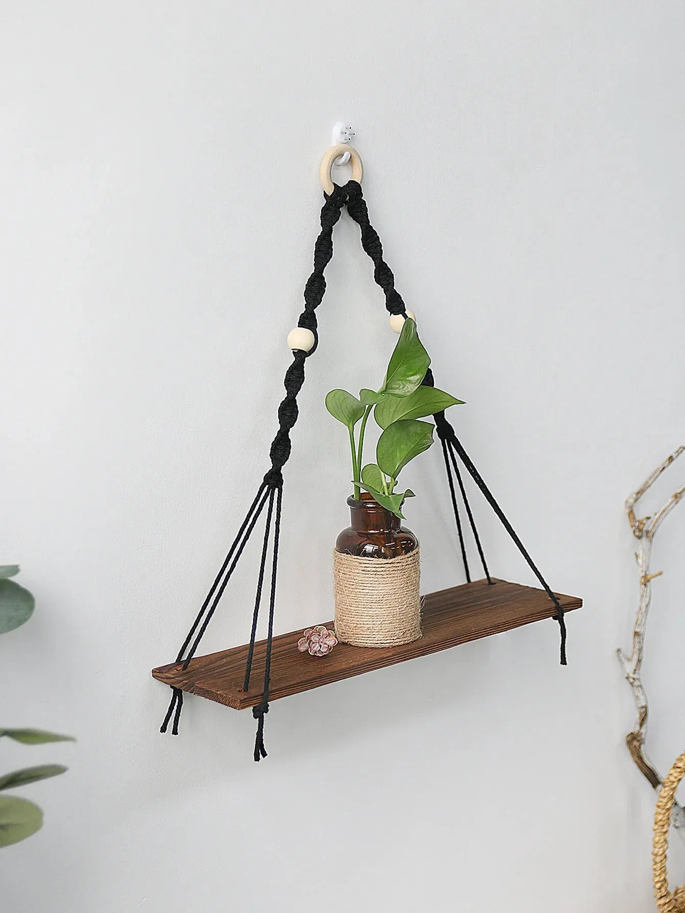 Boho Wood Wall Shelf for Home Decor and Plant Display