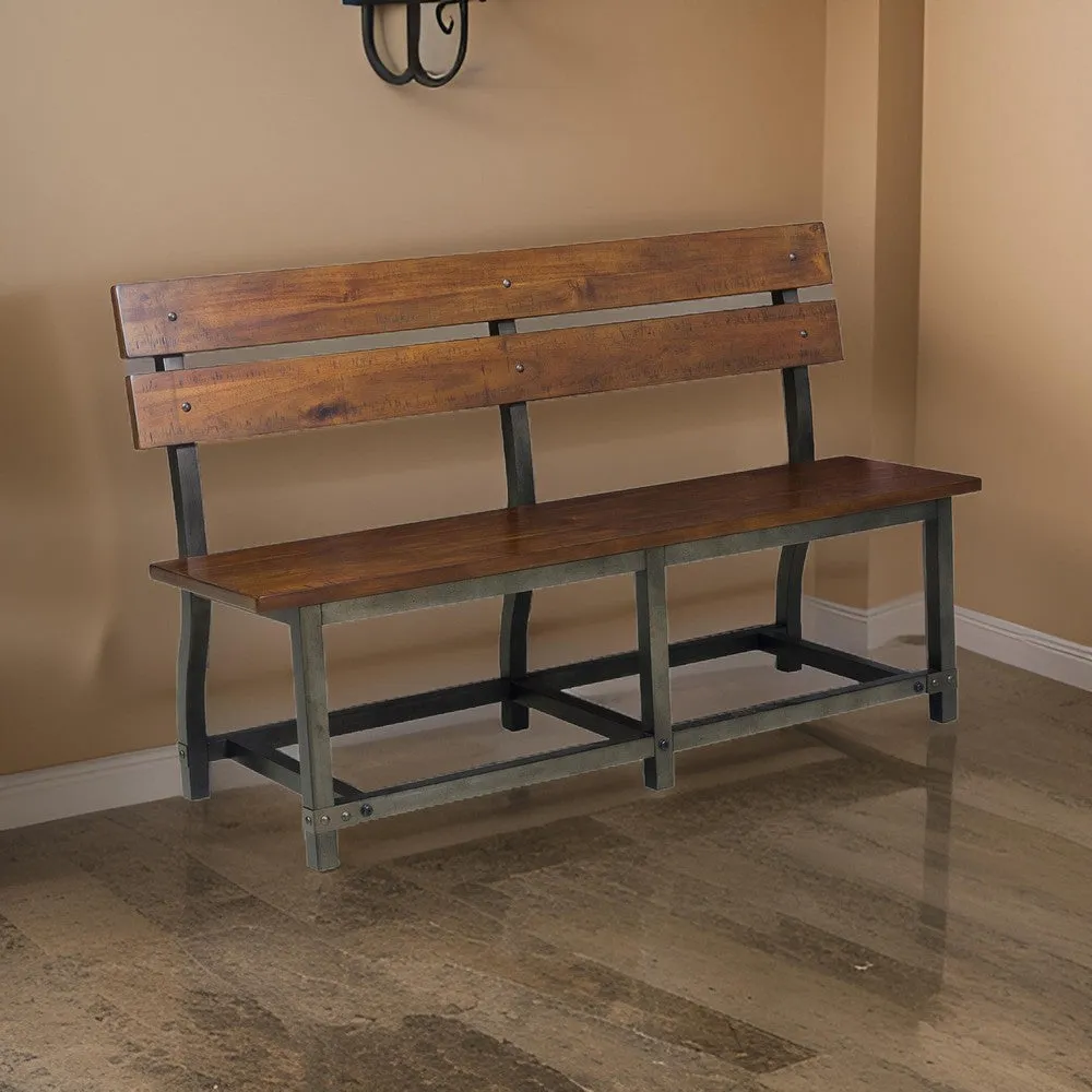 Fanny 58 Inch Accent Bench, Wood Seat and Back, Metal, Classic Brown By Casagear Home