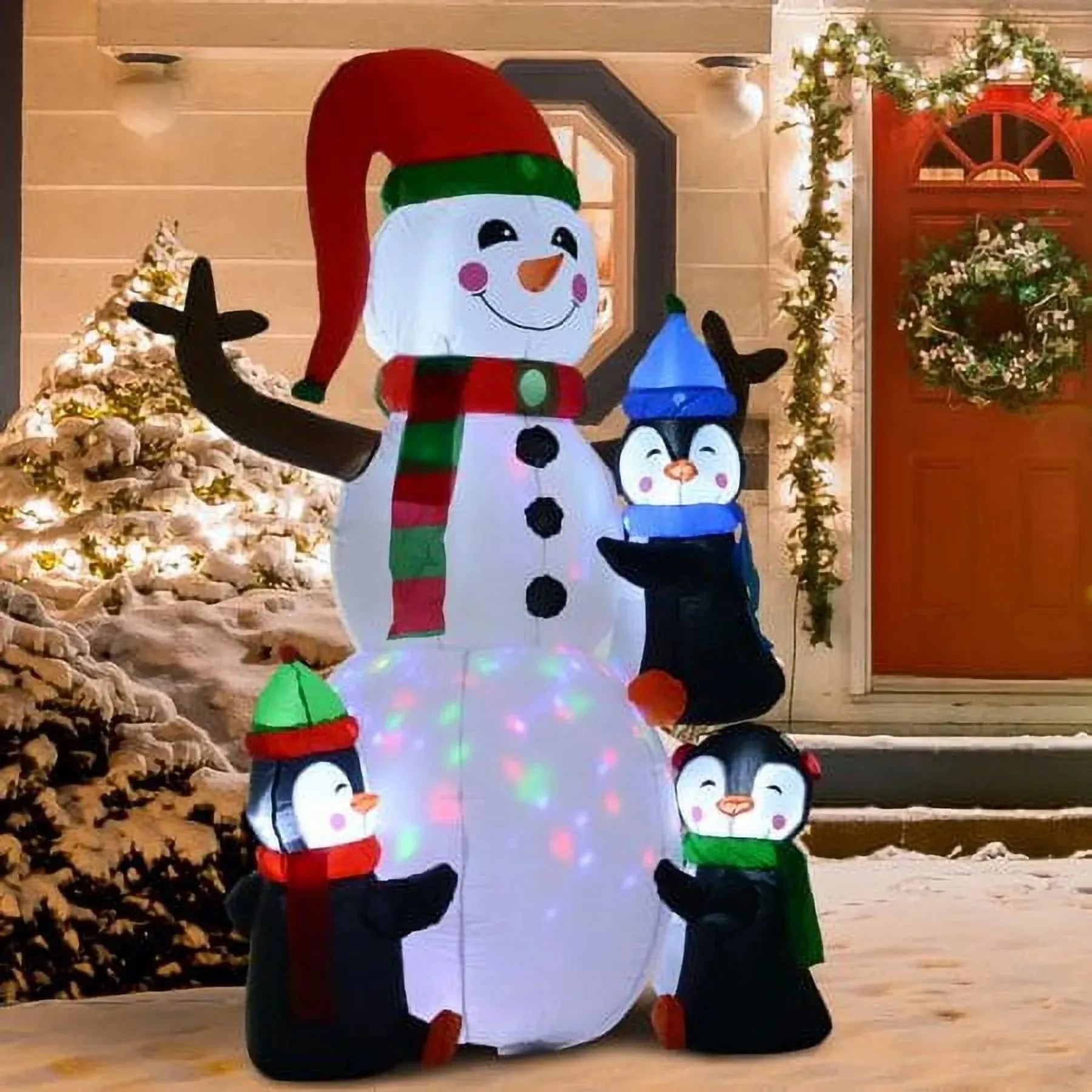 Homcom 6' Christmas Holiday Yard Inflatable Outdoor, Light Up Led Xmas Decoration, 3 Penguins Building Snowman