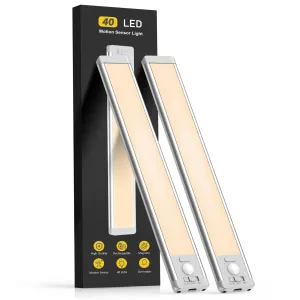 Under Cabinet Lights, 40 LED Rechargeable Battery Operated Motion Sensor Light Indoor, 2 Pack Magnetic Dimmable Closet Lights, Wireless Under Counter Lights for Kitchen, Stairs